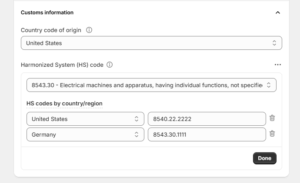 customs code Shopify export