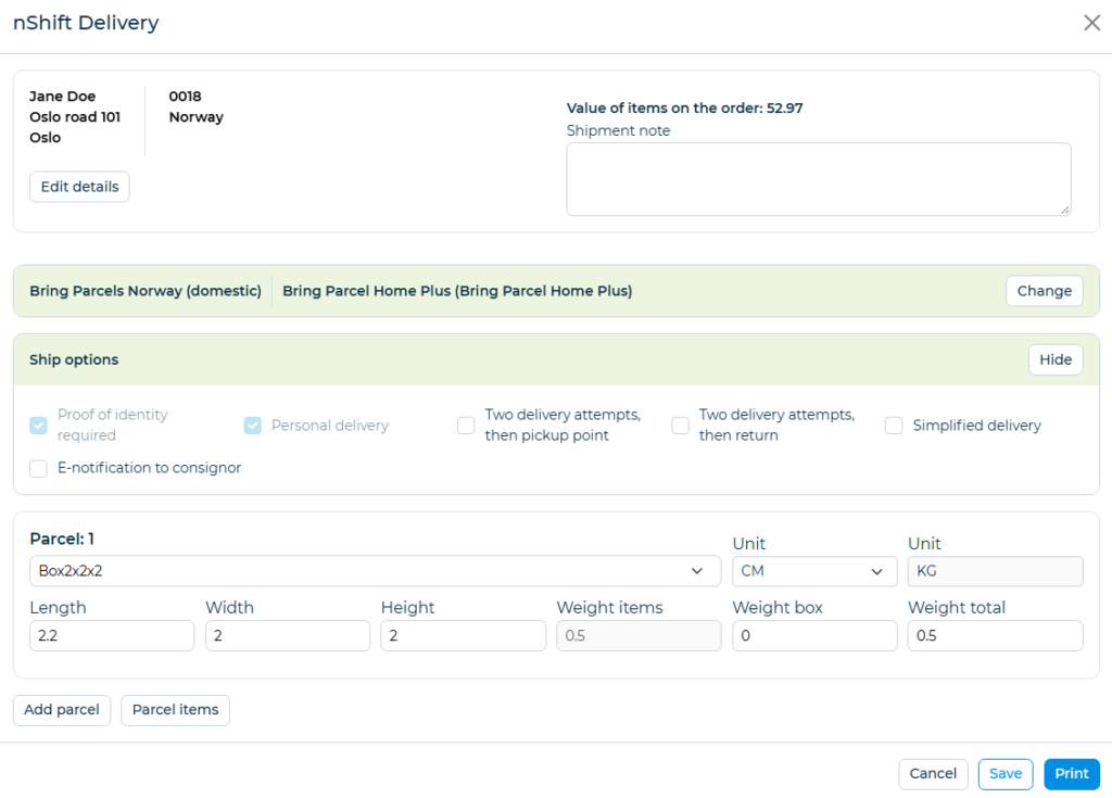 nShift Delivery shipping dialog
